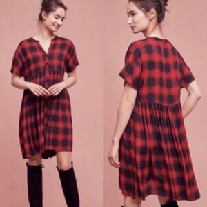Anthropologie 11.1 Tylho Mona Babydoll Swing Dress Plaid Button Front Size S